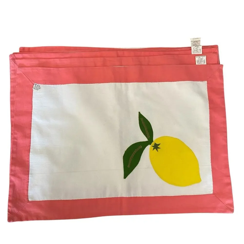 Pottery Barn NWTs Set of 8 Pink and White Placemat with Appliqué Lemon Design